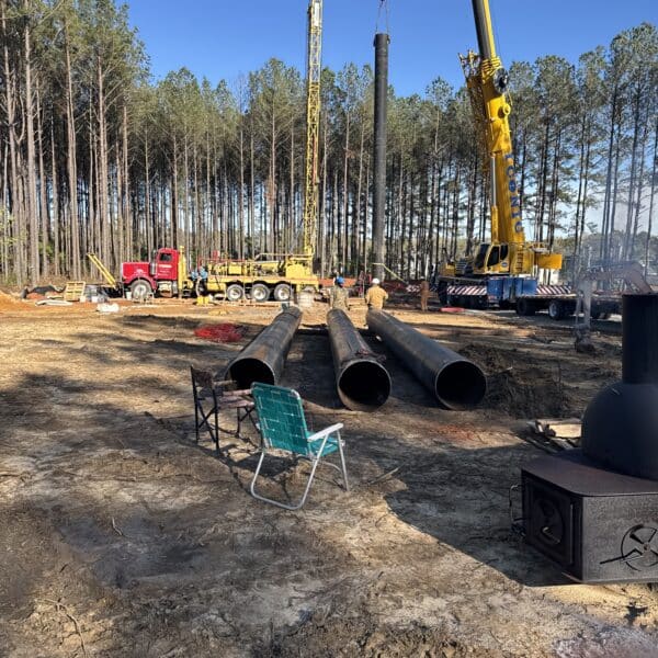 Construction site in woods with two cranes lifting pipes, a red truck, three metal pipes, folding chair, wood stove under blue sky.